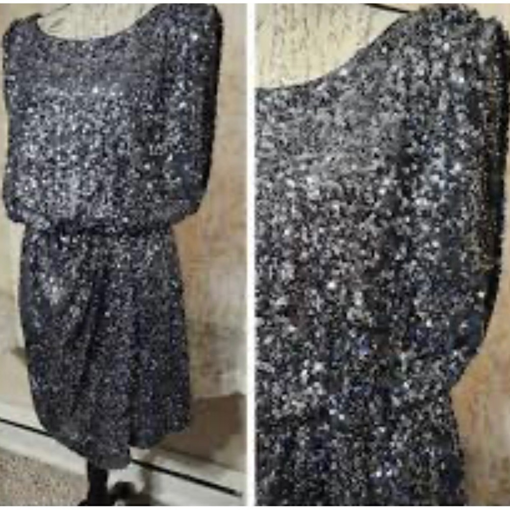Sequin Cocktail Dress Black Gunmetal Blouson Elastic Waist Keyhole Back Party